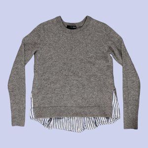 Aqua | Women's 100% Cashmere Crewneck Sweater Striped Cotton Hem Gray XS